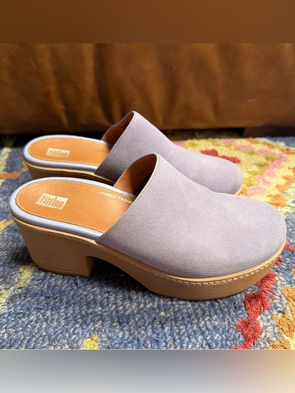 FitFlop Suede Leather Chunky Heel Mules Purple Platform US 8.5 Comfort Clogs